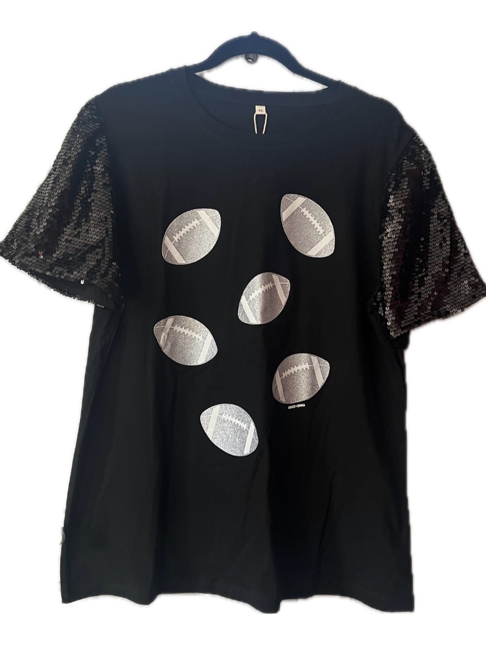 Womens XL Grace + Emma Black Sequin Sleeve Tee w/ Metallic Football Graphics